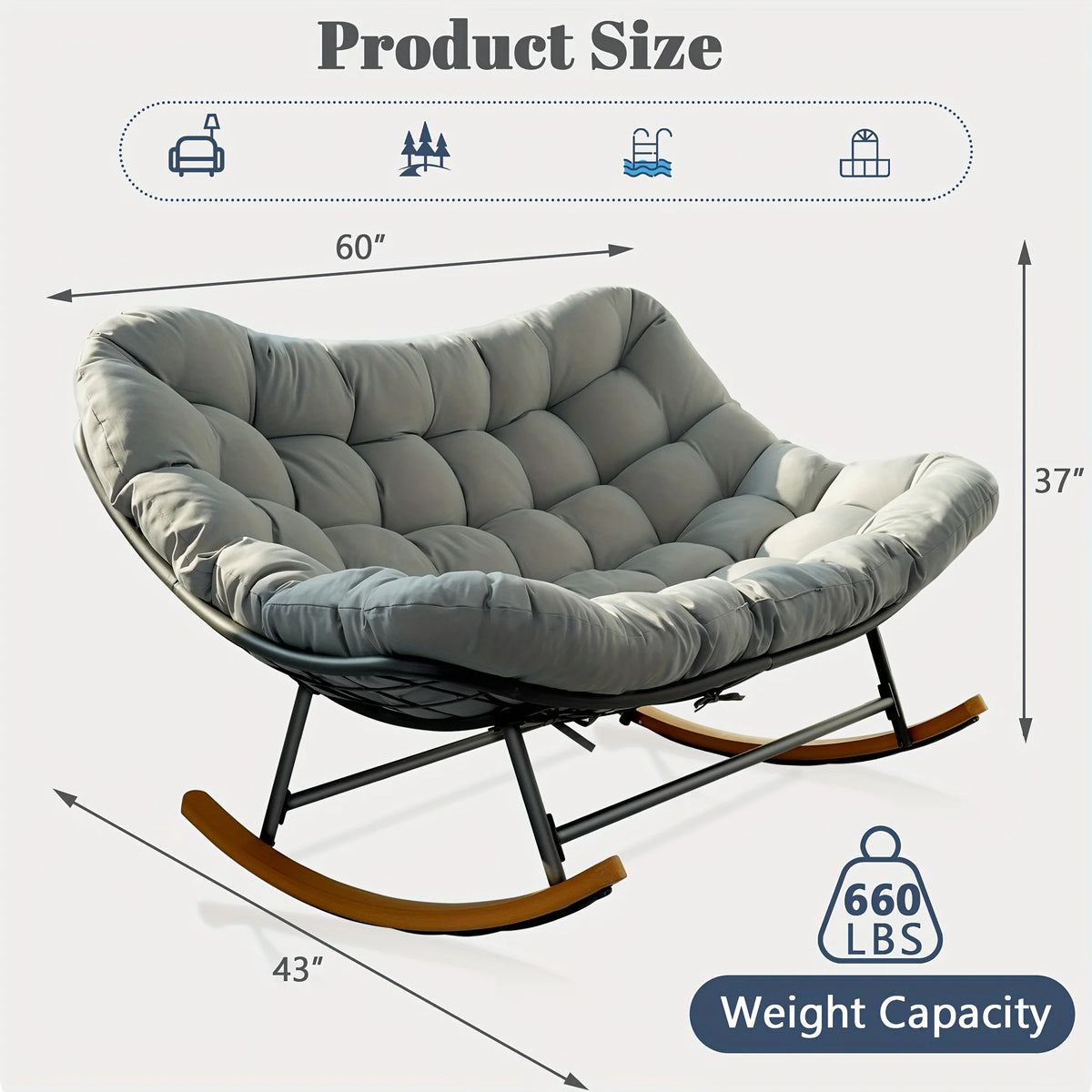 2027 NEW Outdoor Patio Rocking Chair, Extra-Large Double Papasan Rocking Chair with Coated Steel Frame and Thick Cushions.
