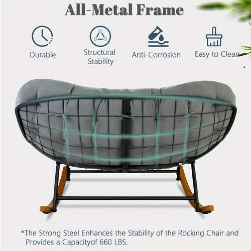 2027 NEW Outdoor Patio Rocking Chair, Extra-Large Double Papasan Rocking Chair with Coated Steel Frame and Thick Cushions.