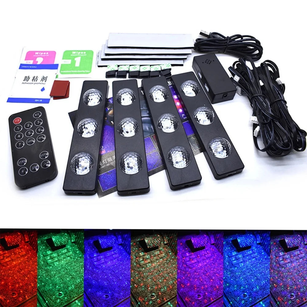 4x Car USB RGB Roof Ceiling Footwell Interior Atmosphere Neon Accent Lighting