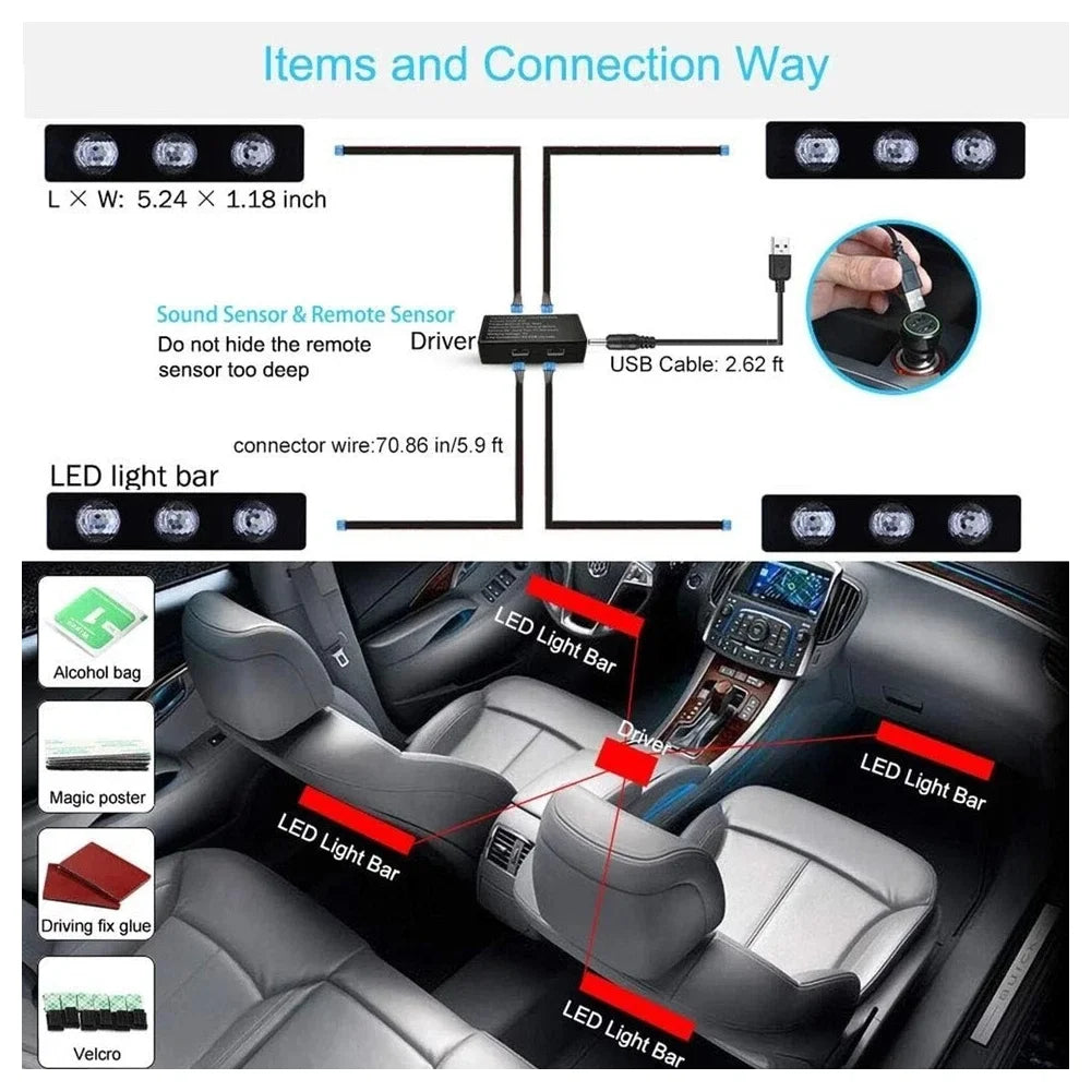 4x Car USB RGB Roof Ceiling Footwell Interior Atmosphere Neon Accent Lighting
