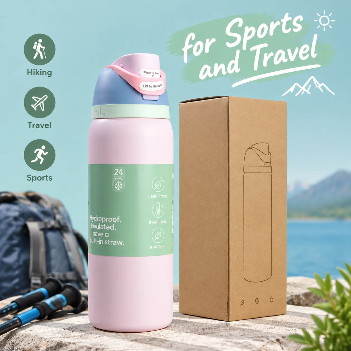 New Sports Water Cup 24Oz Insulated Stainless Water Bottle With Lid Insulated Stainless Water Bottle With for Sports and Travel