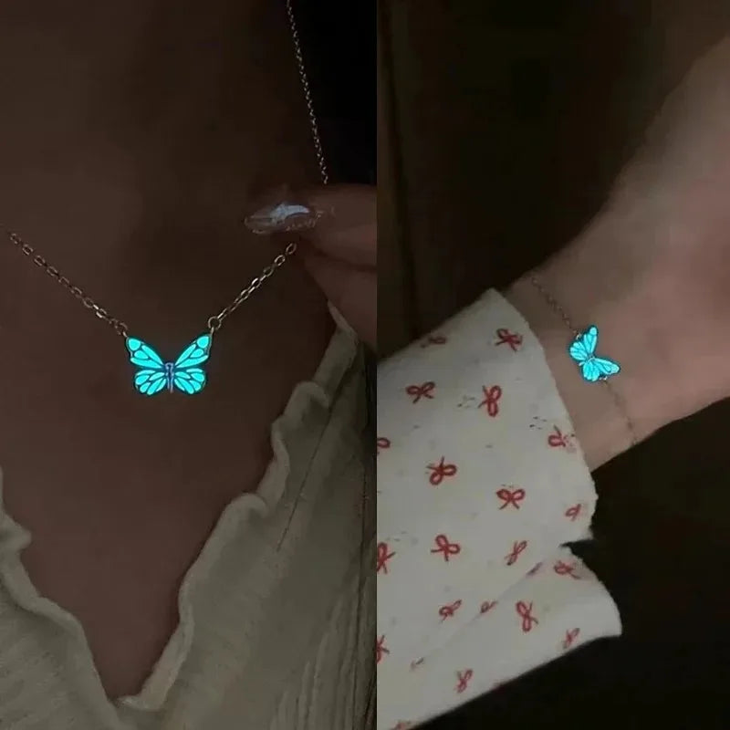 2pcs Luminous Butterfly Necklace Bracelet Set for Women Glow in The Dark Pendant Necklace Christmas New Year Party Jewelry Gift