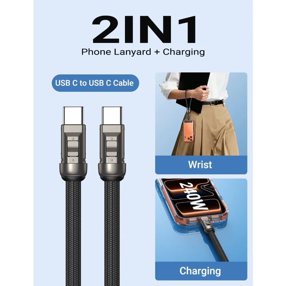AUFU 240W USB C to Type C Cable Universal Phone Lanyard 5A Quick Charge Data Cable for iPhone17 Macbook Xiaomi Short Wrist Strap