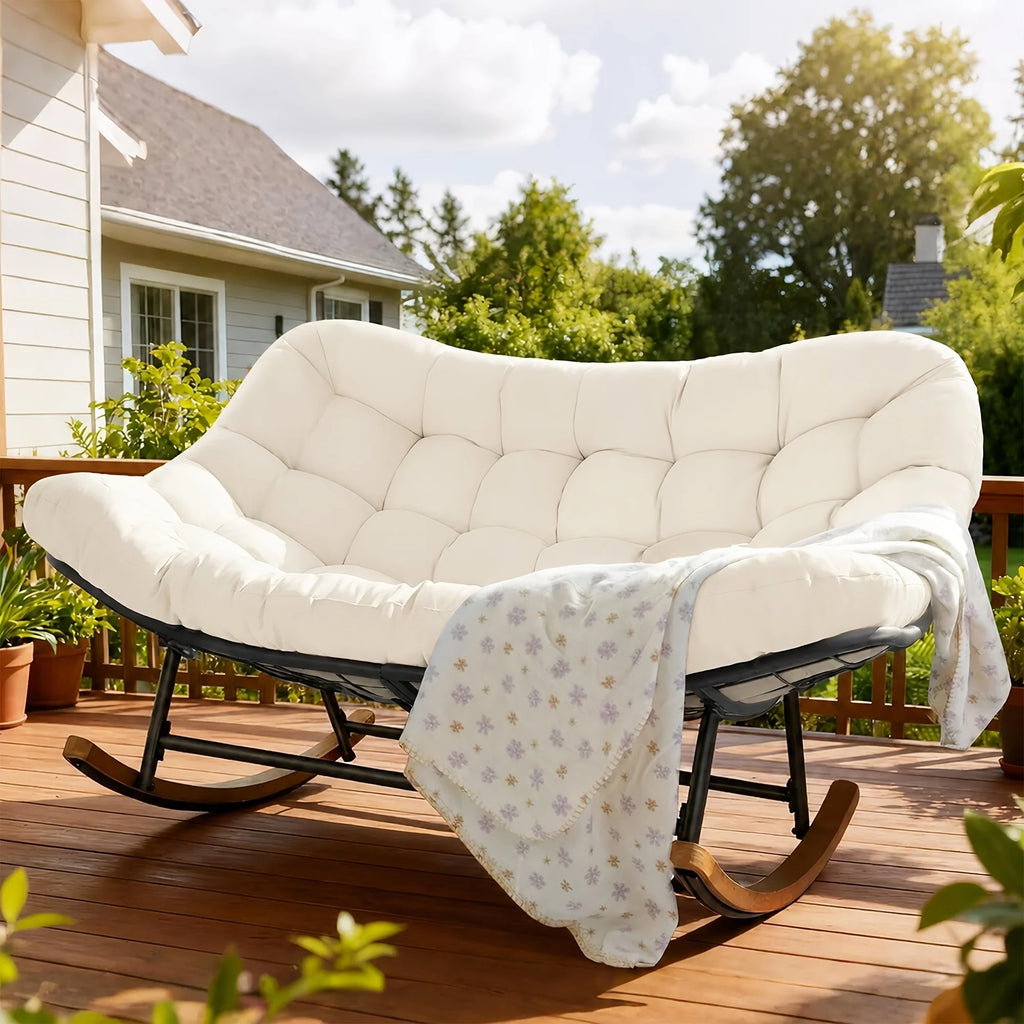 2027 NEW Outdoor Patio Rocking Chair, Extra-Large Double Papasan Rocking Chair with Coated Steel Frame and Thick Cushions.