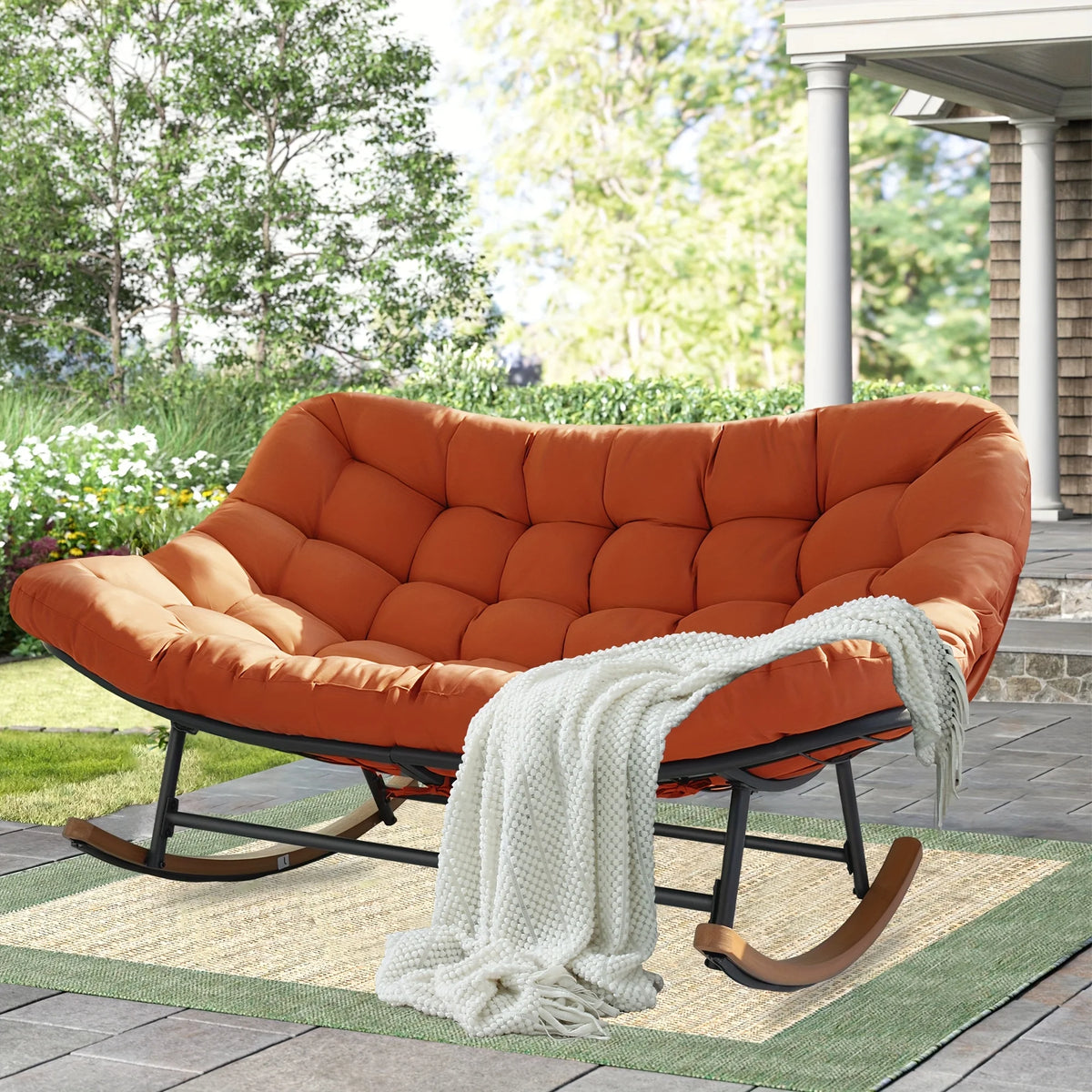 2027 NEW Outdoor Patio Rocking Chair, Extra-Large Double Papasan Rocking Chair with Coated Steel Frame and Thick Cushions.