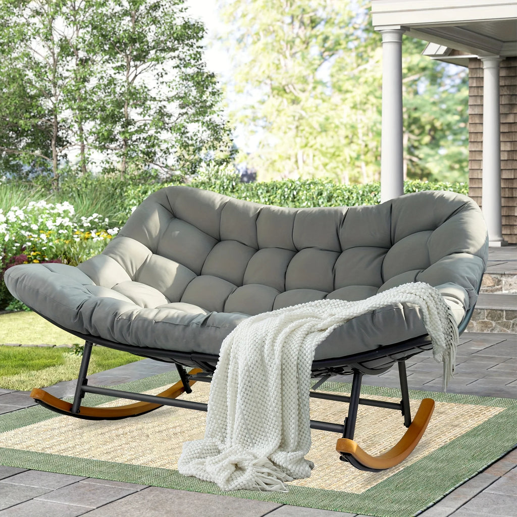 2027 NEW Outdoor Patio Rocking Chair, Extra-Large Double Papasan Rocking Chair with Coated Steel Frame and Thick Cushions.